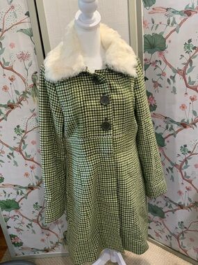 Womens Green Houndstooth Coat with Detachable Fur CollarNWT